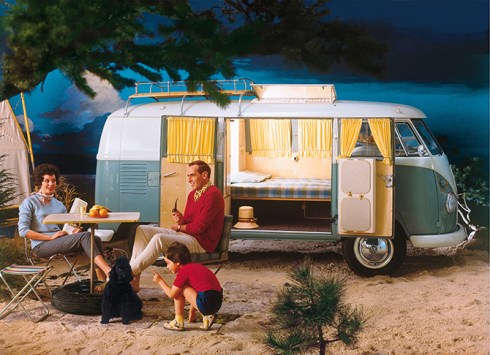 A classic VW campervan illustration for advertisement. Date unknown.