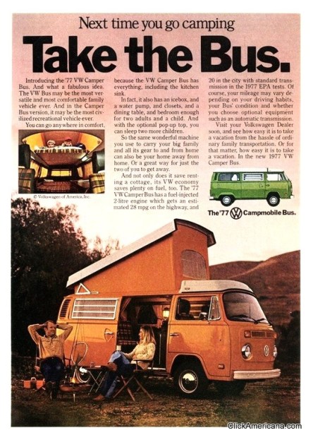 Next time you go camping, take the bus. 1977 advertisement.