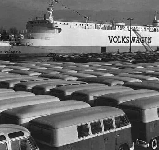 Fresh manufactured VW Type II T1 waiting to be exported via ship, circa 1950s...